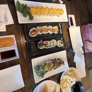 a variety of sushi dishes