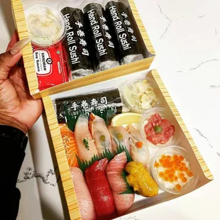 Deluxe nigiri with three additional handrolls Blue crab and Waygu beef