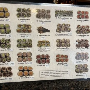 Sushi menu