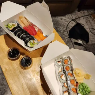 Yellowtail, Tuna, and Smoked Salmon Nigiri. Spider Roll, Philly Roll, and Spicy Tuna Roll.