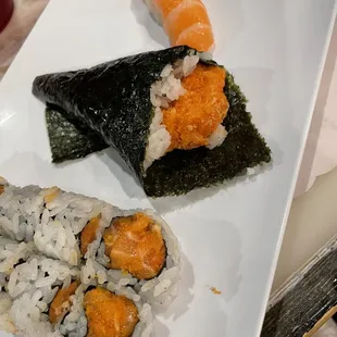 Spicy salmon, spicy salmon hand roll, salmon nigiri