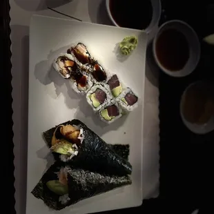 Salmon katsu, tuna avocado, California hand roll, spicy shrimp tempura hand roll