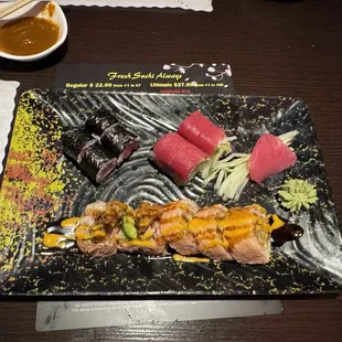 Dynamite roll, Salmon Katsu Roll, Green Dragon Roll