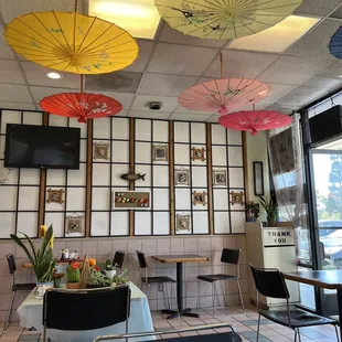 umbrellas hanging from the ceiling