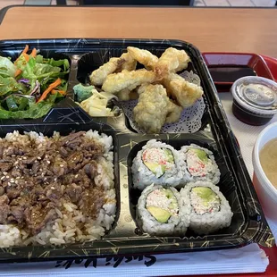 Beef Teri Bento. Miso soup &amp; California rolls good. Tempura batter a little thick. Beef thinly sliced &amp; equaled about a 1/4 pound of meat.
