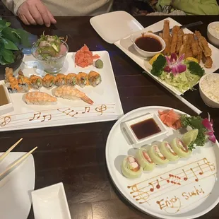 Mexican roll  Shrimp EBI Hamachi with jalapeño  chicken katsu  rainbow. Natsu