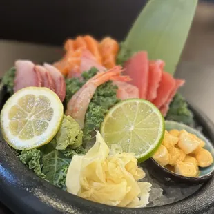 Sashimi assortment  -salmon  -tuna  -sweet shrimp  -yellow tail  -red snapper  -scallop