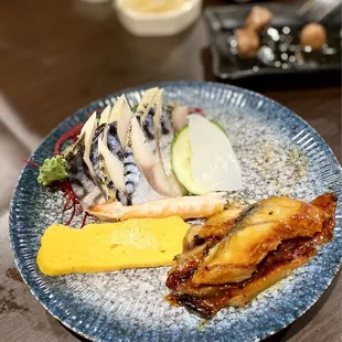 Sashimi: Mackerel, Squid, Shrimp, Egg, Eel