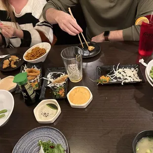 Appetizers!!! Edamame, chicken noodles, miso soup, fried calamari, gyoza.
