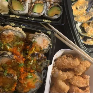 Mussels, Yaya roll, shrimp, calamari, Eli roll.