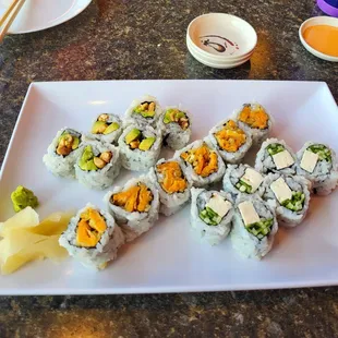 Avocado peanut sushi/ sweet potato tempura and spicy tofu with spicy mayo on side