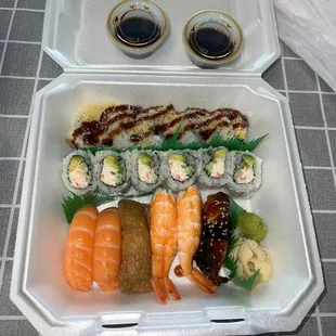 Smoky roll, Special California Roll, salmon nigiri, Inari nigiri, shrimp , BBQ eel