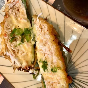 Angel lips: stuffed jalapeños with crab imitation. Delicious.