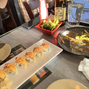 Salmon drop , garlic edamame