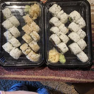 All 4 rolls left to right: New York, rock and roll, spicy tuna and california