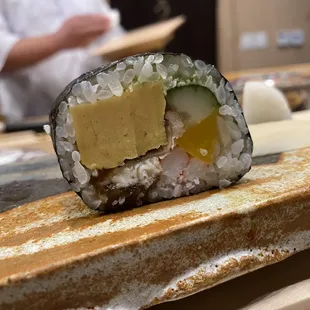 7 ingredient roll. I saw tamago, cucumber, braised pumpkin skin, hairy crab meat, saltwater eel, pickled radish and fresh wasabi
