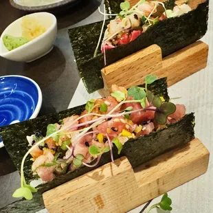 Negitoro and yellow tail hand roll