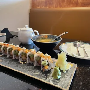 double shrimp roll with miso soup and tea