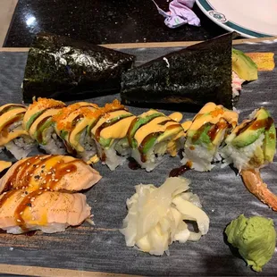 Hand roll ,crazy dragon roll, seared salmon