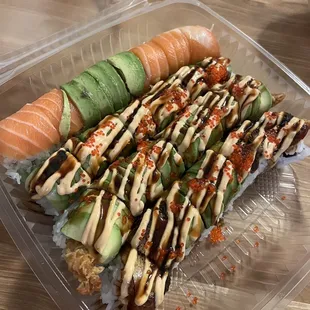 S59. Oregon Classic Roll up top, then S64. Dragon Specialty Roll, S66. Caterpillar Specialty Roll and S62. Tiger Specialty Roll