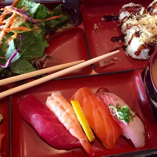 Super $8 lunch special: 4 piece roll, 4 piece nigiri, miso and salad.