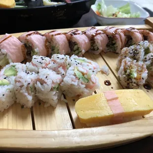 Beef teriyaki roll, frying snapper roll, shrimp California roll, egg nigiri. All wrapped in soy paper as requested.