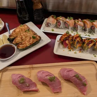 Stuffed jalapeno, top - toro Toro, middle - volcano, bottom - chu toro nigiri