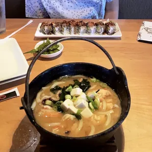 Seafood udon bowl and unagi roll