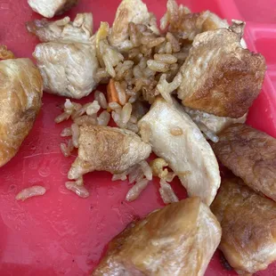 Chicken that was in the fried rice. Terribly overcooked and possibly OLD!!