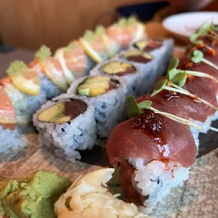 Spicy tuna roll, tuna avocado and mango maki, and the salmon citrus roll