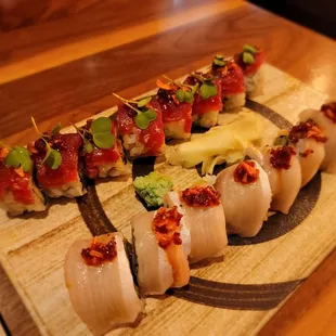 a sushi on a cutting board