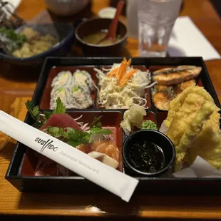 Bento box my hubby had with salmon teriyaki and nigiri. He said it was delicious.