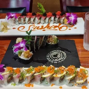 Sushido roll, spider roll, and sunshine roll.