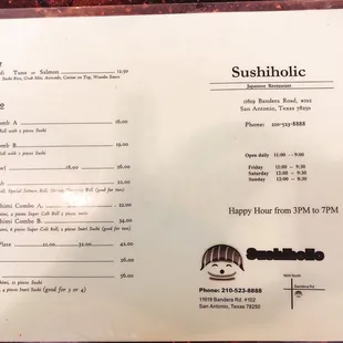 a menu for sushihollic