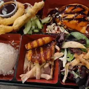 Teriyaki Salmon and Vegetable Tempura Bento box