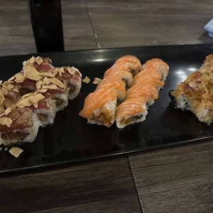 Left to right:  Crazy Garlic Roll,  King Salmon Roll, Nightmare Roll