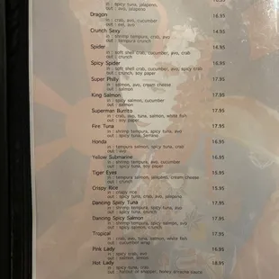 Fifth page of menu