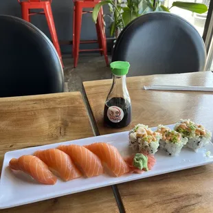 salmon sushi and Spicy Salmon Maki