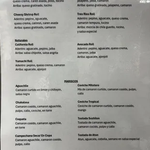 Sushi Rolls and Seafood Ingredients Menu