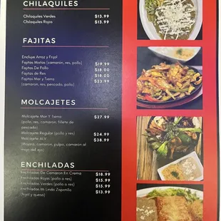 Chilaquiles, Fajitas, Molcajetes, Y Enchiladas Menu