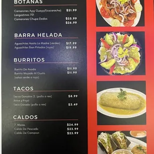 Botanas, Barra Helada, Burritos, Tacos Menu