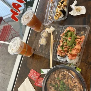 Crunch don, dynamite maki, and shrimp tempura nigiri all freshly made nice and warm.