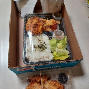 Miso soup,  bento  #4, &amp; gyoza