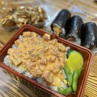 Spicy ahi donburi, shrimp tempura roll, Spam Roll, takoyaki