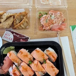 Free goyza for their Grand Opening!  Spicy Ahi maki and Grilled Salmon Roll. Tasted so fresh and delicious