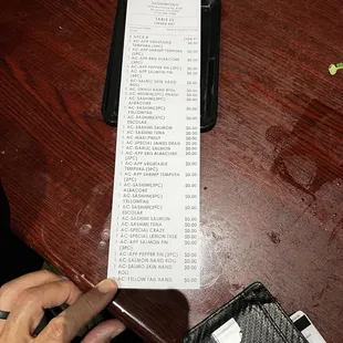 Print out of our AYCE receipt
