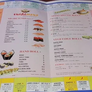 the menu of a sushi restaurant