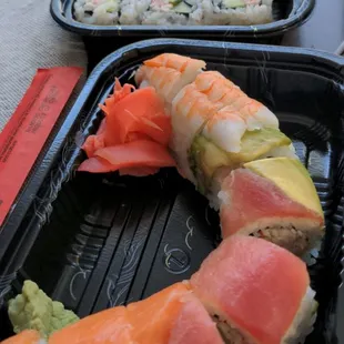 Rainbow Roll, California Roll, and Spicy Crunchy Tiny Roll