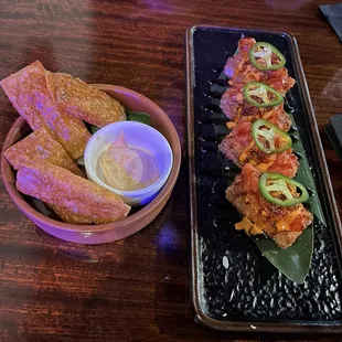 Kimichi dumpling, spicy tuna roll