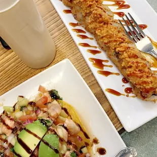 Tostada de camarón and bombazo roll